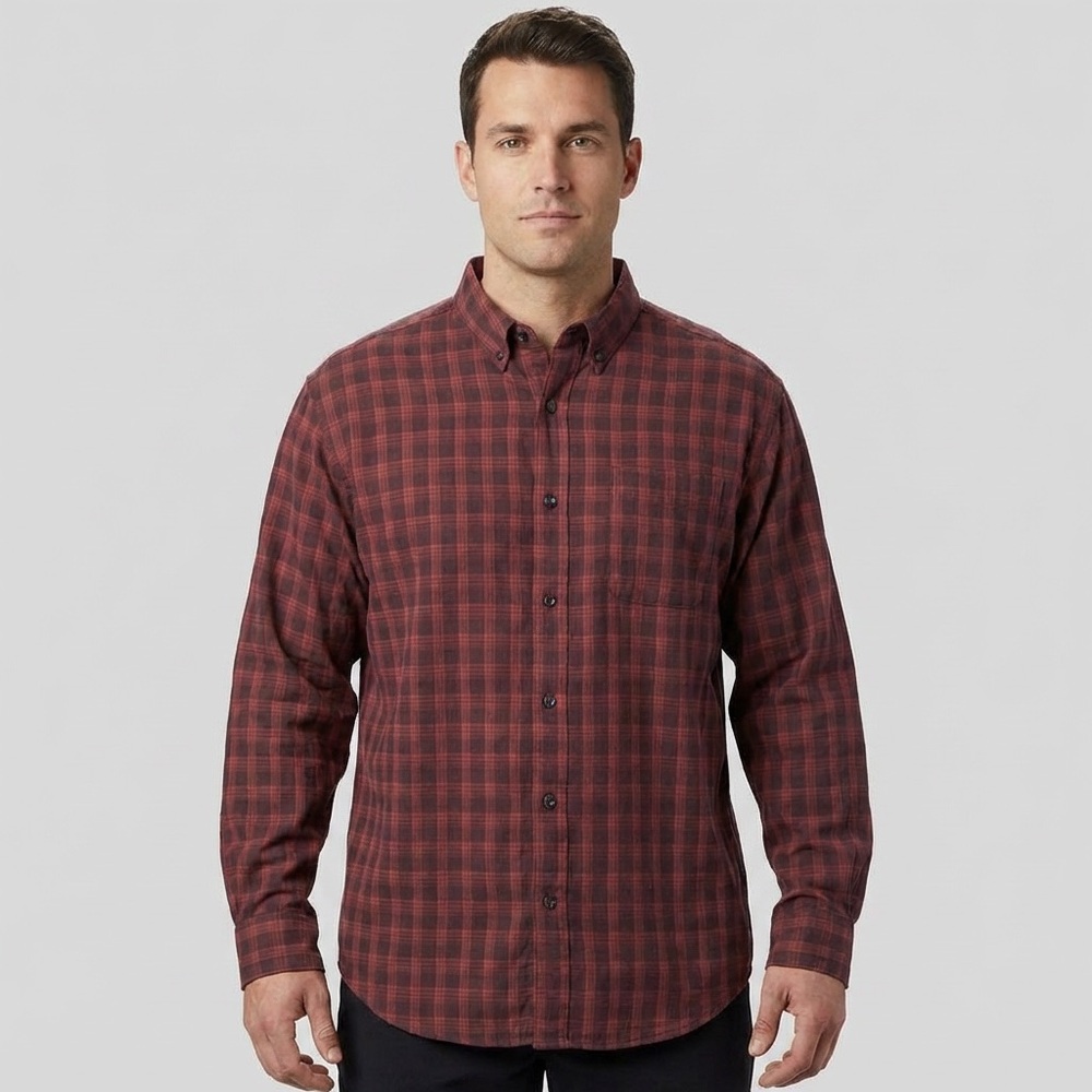 Columbia Men’s Large Plaid Button Down Shirt Black Maroon Silky Feel EUC